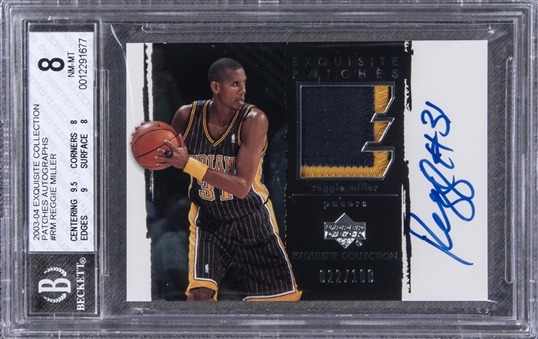 2003-04 UD "Exquisite Collection" Patches Autographs #RM Reggie Miller Signed Game Used Patch Card (#022/100) – BGS NM-MT 8/BGS 10